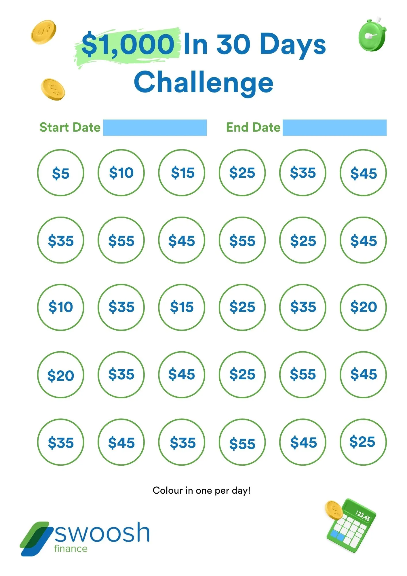 30 day money challenge: money challenge template | Swoosh Finance