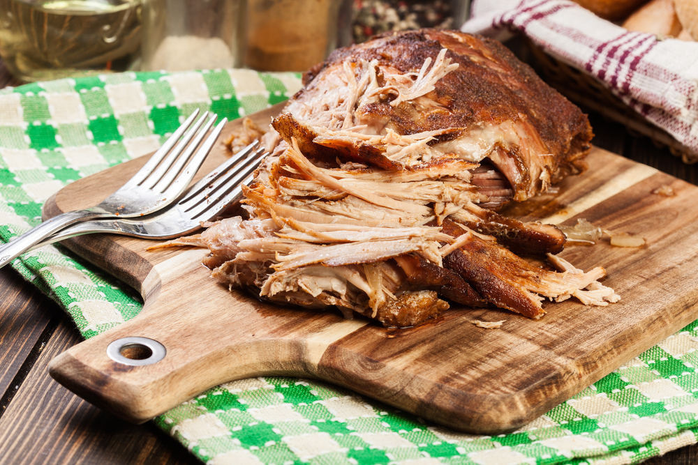 Pulled pork made in a slow cooker, cut up and ready to be added to a burger or main meal.