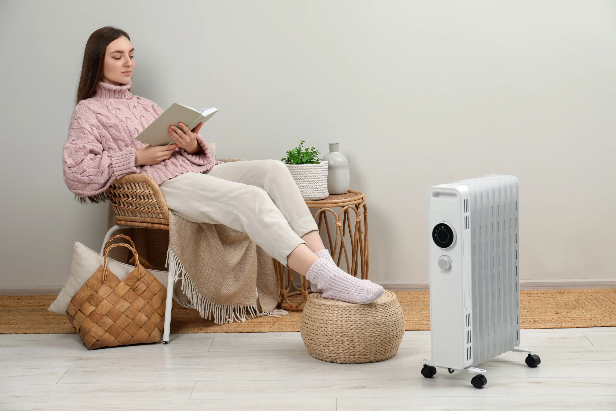 Woman reading about cheapest ways to heat a house in winter