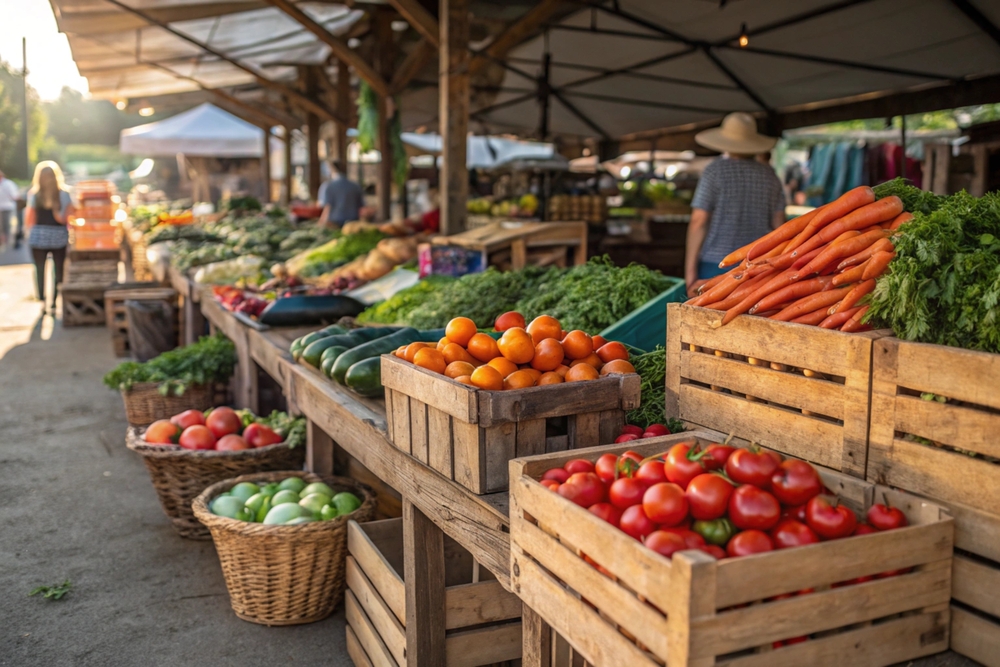 A fresh farmers market held in the street.