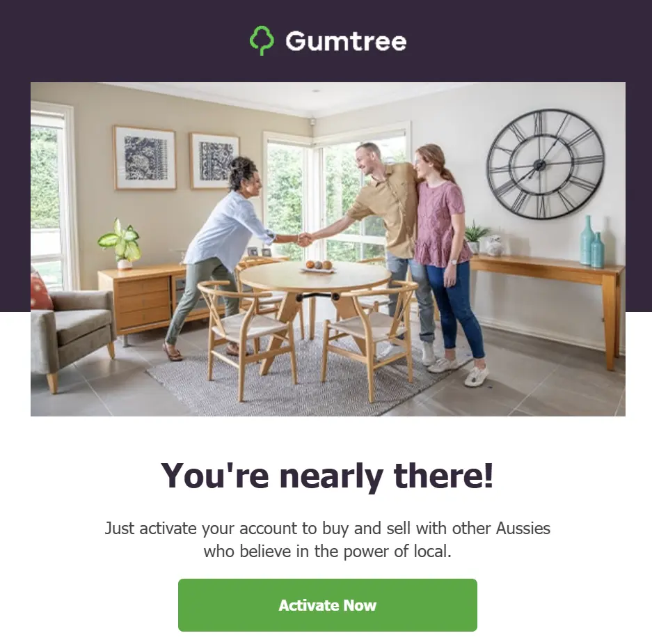 Screenshot of email from Gumtree with button activate account