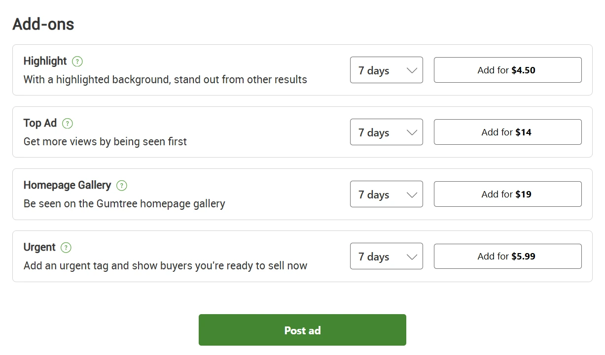 Screenshot of webpage section to create Gumtree item listing showing "Add-ons", with paid options to highlight, get seen first, be shown on the homepage gallery or urgent tag. "Post ad" button at the bottom