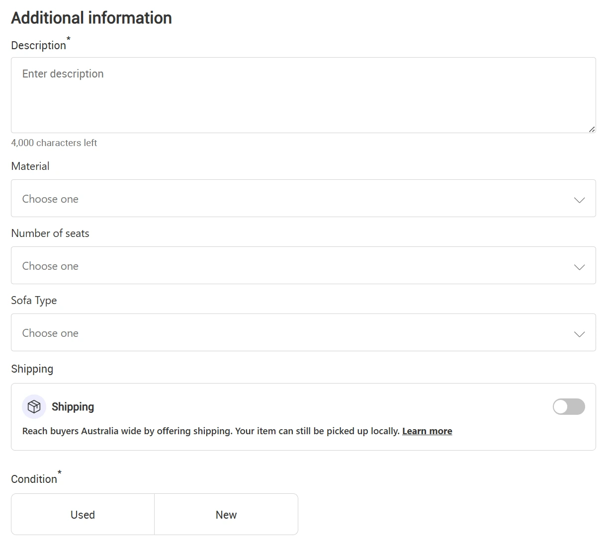 Screenshot of webpage for additional information on item to sell on Gumtree including a freeform description box, condition, and option to allow for shipping.