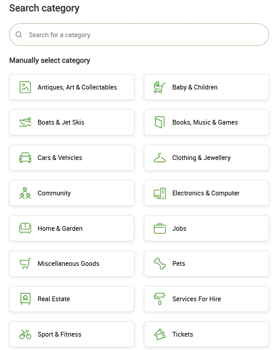 Screenshot of webpage showing search bar to search categories and subcategories for the item you are selling on Gumtree. Also includes a long list of categories to manually select including Clothing & Jewellery and Sport & Fitness.