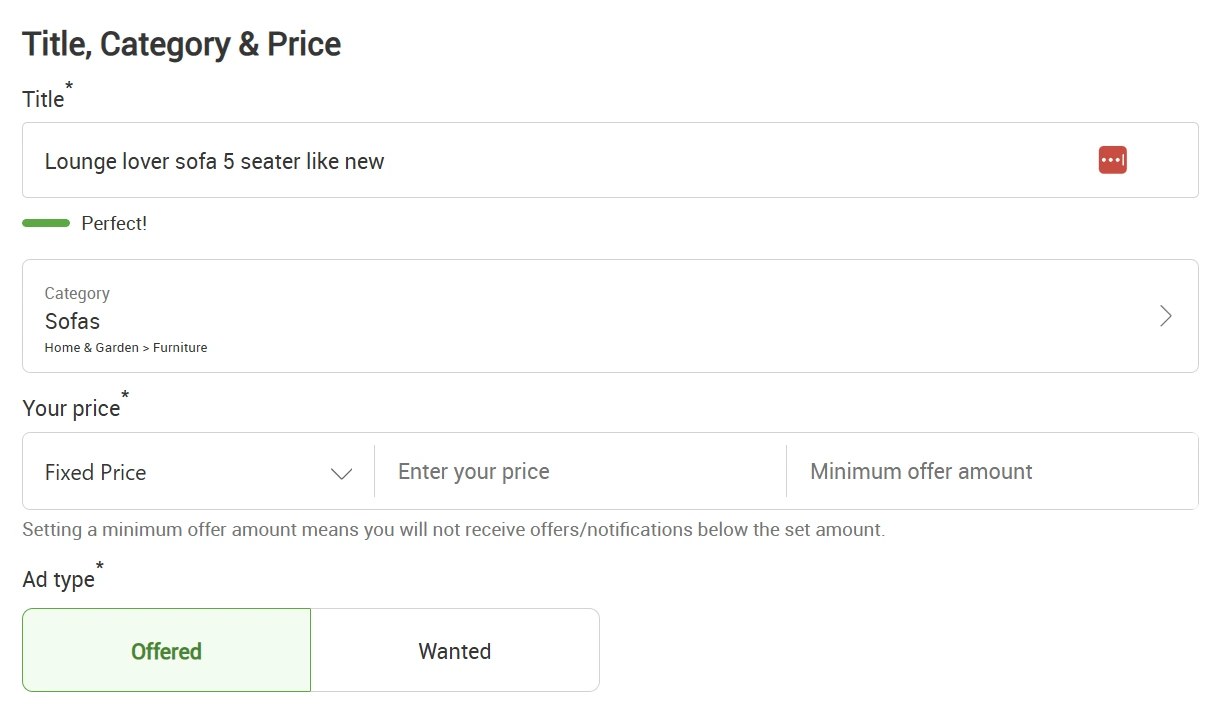 Screenshot of webpage to fill in listing Title, Category, Price, and Ad Type of item to sell on Gumtree