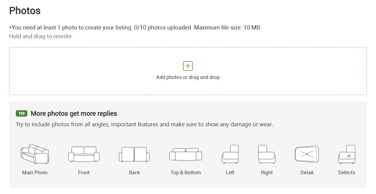 Screenshot of webpage section to upload photos on Gumtree item listing. Shows examples underneath of a couch shown from different angles as well as detail and defect shots.