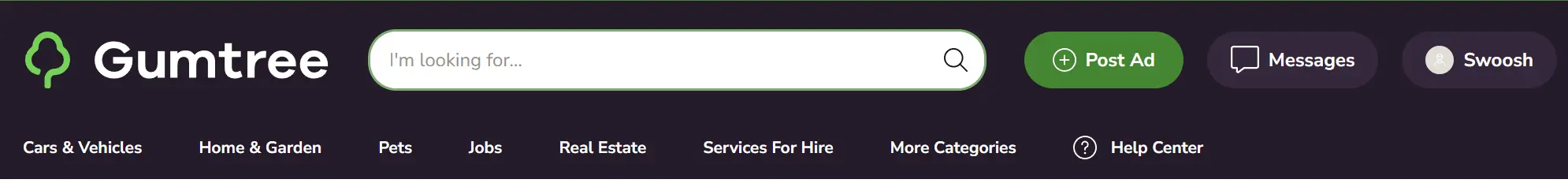 Screenshot of Gumtree homepage menu bar, showing search bar in the middle and button to "Post Ad" to the right of it
