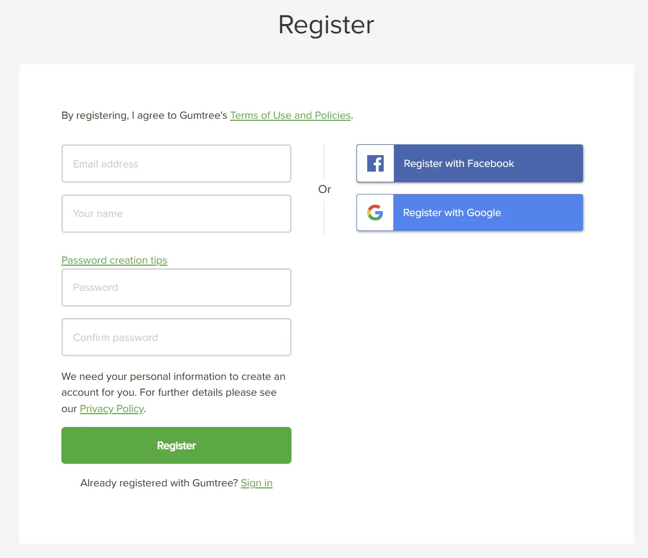 Screenshot of register page on Gumtree, showing boxes to enter Email, Name, Password and Password Confirmation. Shows alternative option to use Facebook or Google account.