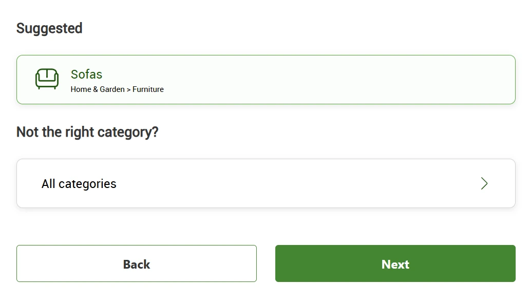 Screenshot of Gumtree page showing suggested category of "Sofas" and an alternate option to browse "All Categories"