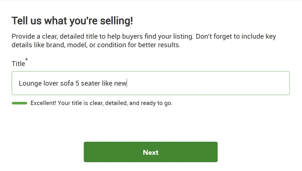 Screenshot of webpage on Gumtree to enter title of what you are wanting to sell, with example written in box "Lounge lover sofa 5 seater like new".