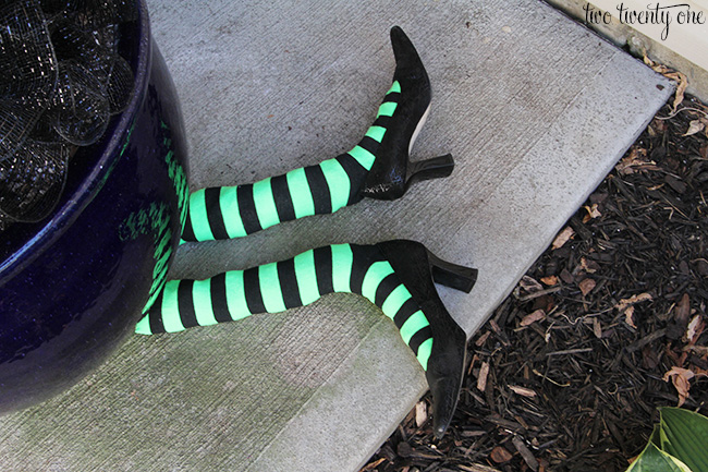 Witches legs underneath a potplant.
