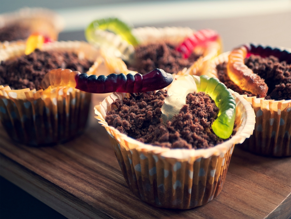 Chocolate cupcakes with coco powder and lolly snakes on top to make it look like grave yards.