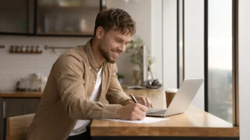A man on his laptop in the kitchen applying for bad credit loans