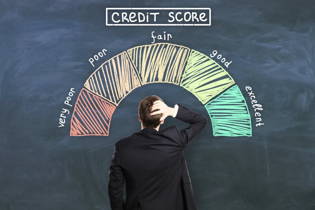 A man in a suit faces a chalkboard with a credit score gauge, ranging from "very poor" to "excellent." He scratches his head, appearing puzzled.