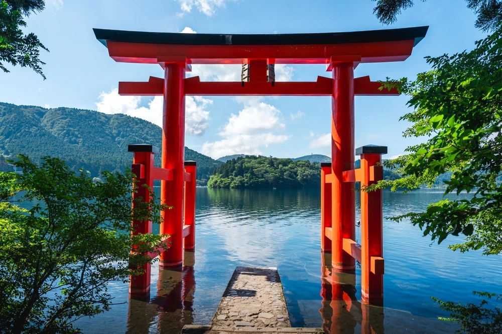 Lake in Japan with cultural arch architecture