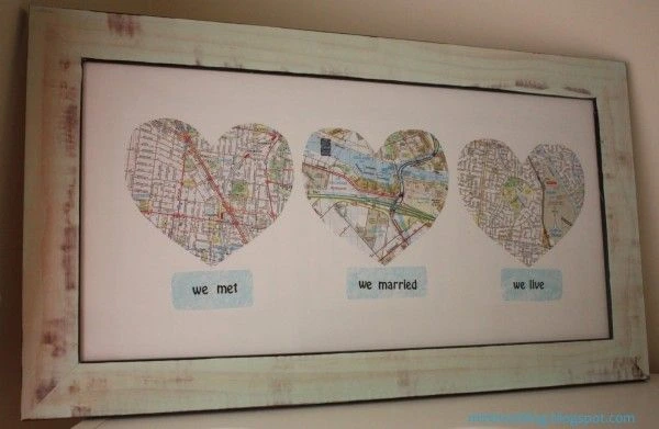 Love map Valentine's day gift frame showing three heart-shaped maps showing where a couple met, got married and live