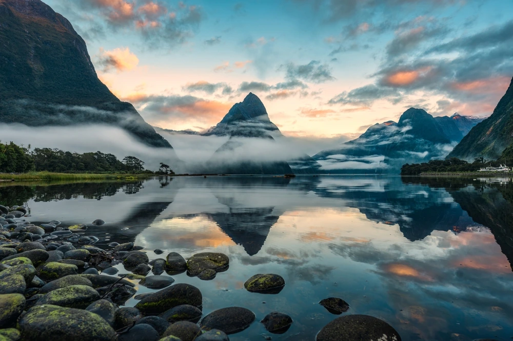 New Zealand mountains and clear reflective lake