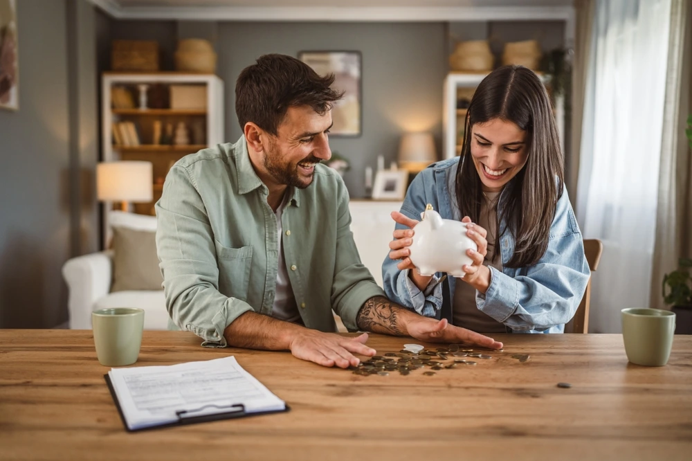 Couple emptying piggy bank for cash for travelling