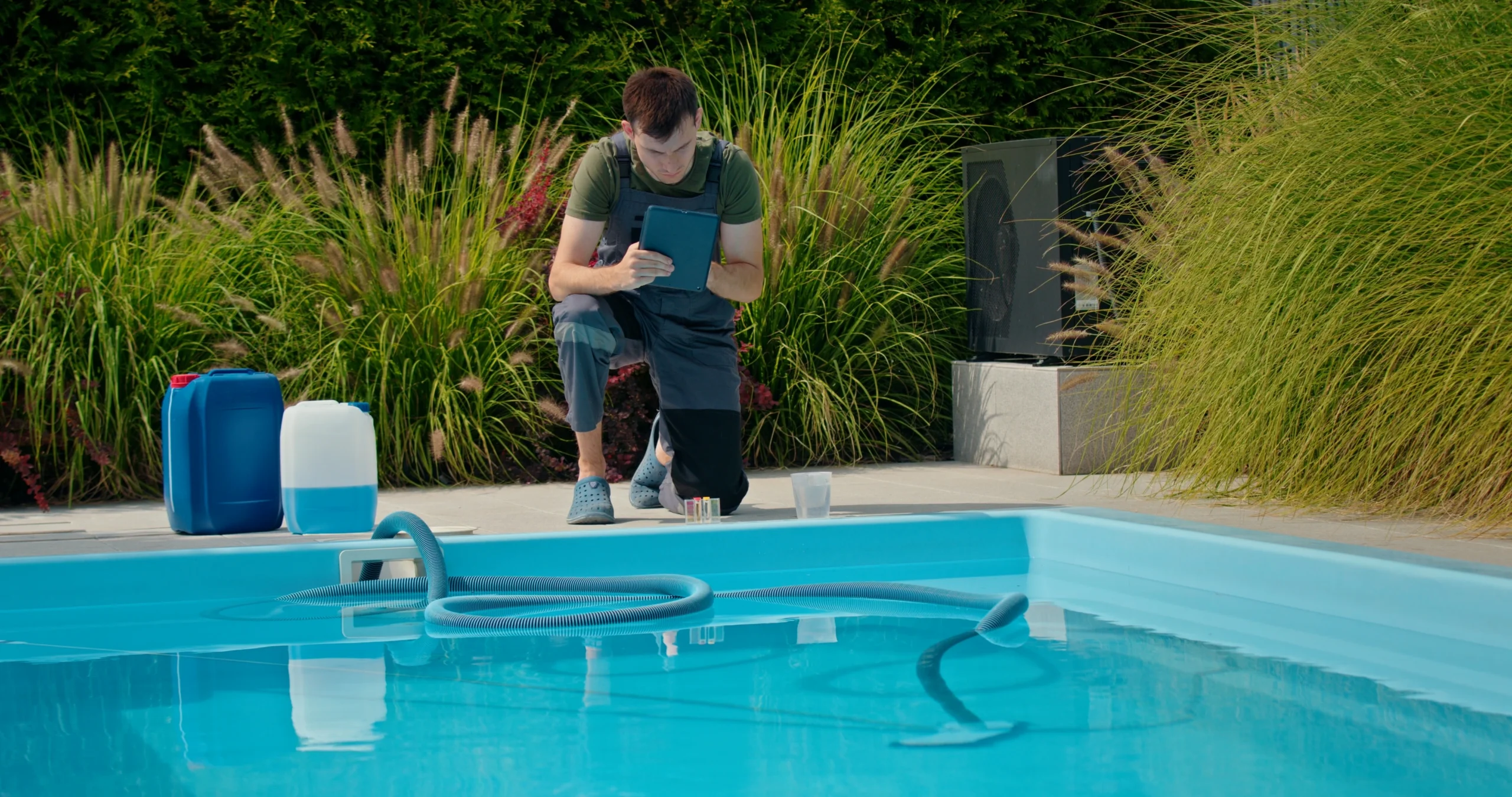 A technician kneels in front of a pool with chemicals and gadgets ready to clean it