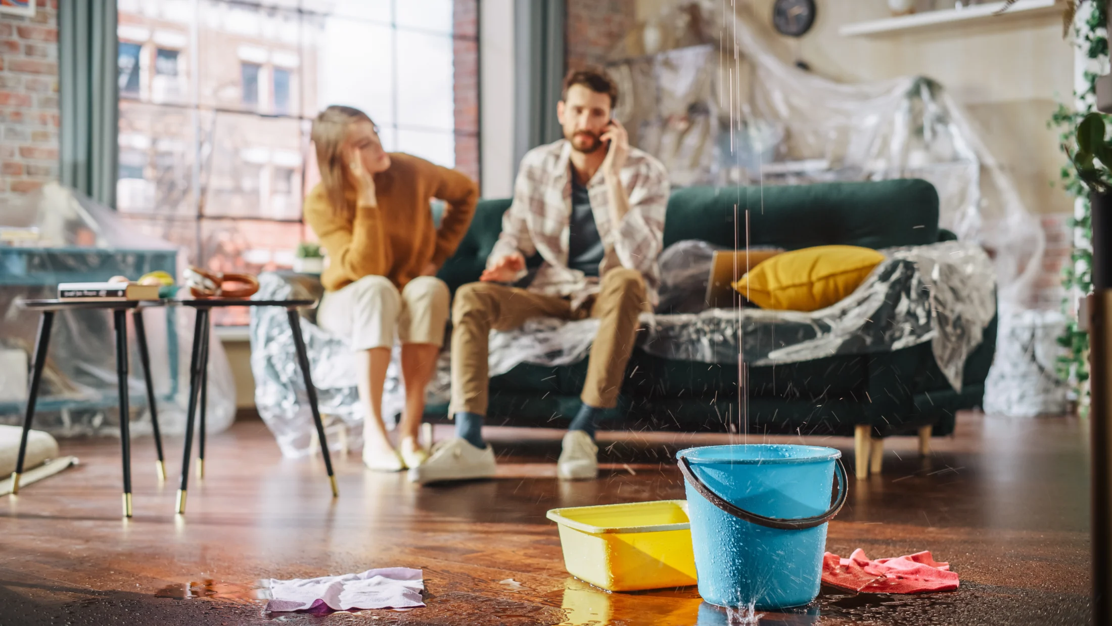Ceiling leak pouring into buckets on a wooden floor while a concerned couple sits nearby, dealing with storm damage. The man is talking on a smart phone, discussing emergency loans for repairs with Swoosh Finance.