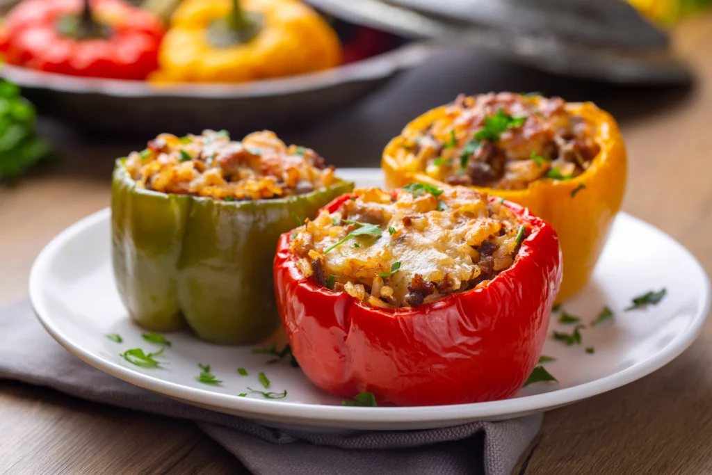 Three stuffed bell peppers—red, green, and yellow—filled with rice and herbs, served on a white plate with a rustic, appetizing presentation.